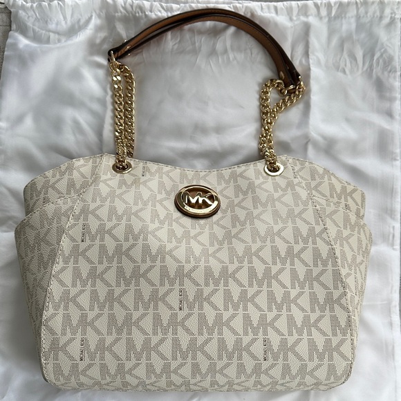 Michael Kors Handbags - Michael Kors Cream-Beige Signature Logo Shoulder Tote with Gold Hardware